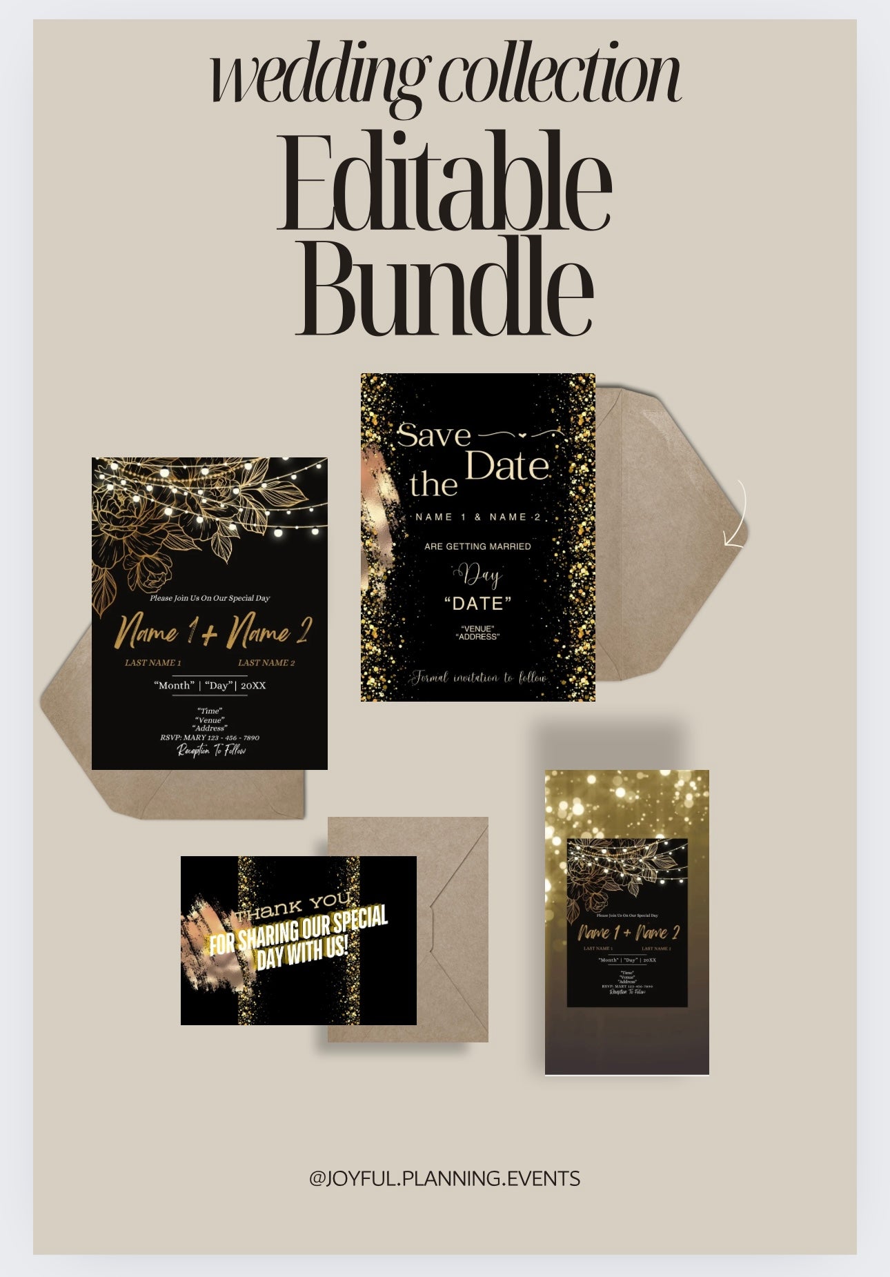 Black & Gold Wedding Invitation Bundle